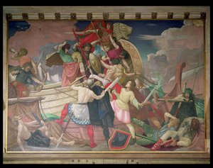Les longs navires du roi Alfred, nouvellement construits pour la défense du royaume, attaquent les navires des envahisseurs danois battus par la tempête dans la baie de Swanage en 877 (détail) - Colin Unwin Gill